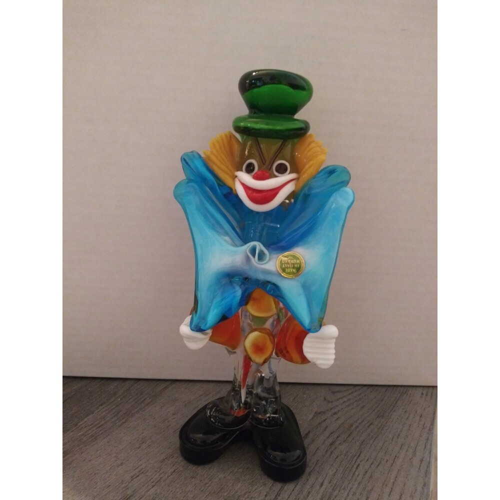 8 1/4" Hand Made Murano Art Glass Circus Clown with Large Blue Bow